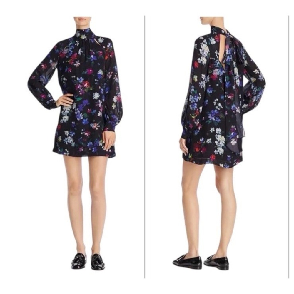 Milly Sherie‎ Dress Women 0 Mini Silk Black Long Sleeve Painted Floral Tie Neck